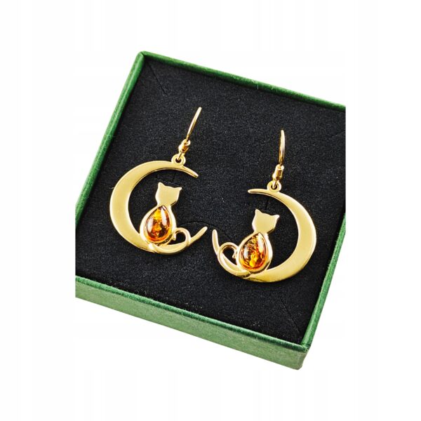 KOLCZYKI ZŁOTE KOT na KSIĘŻYCU z Bursztynem PIĘKNE Srebro Pozłacane Cert