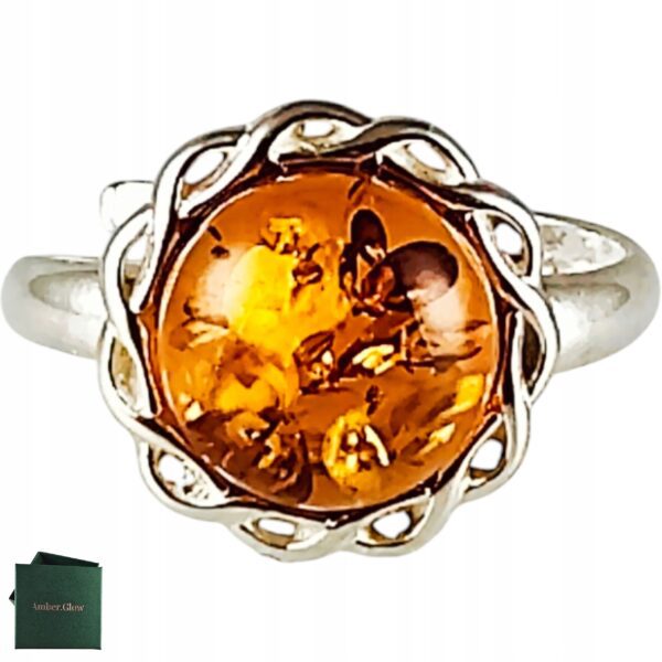 Pierścionek srebrny z bursztynem - okrągły delikatny