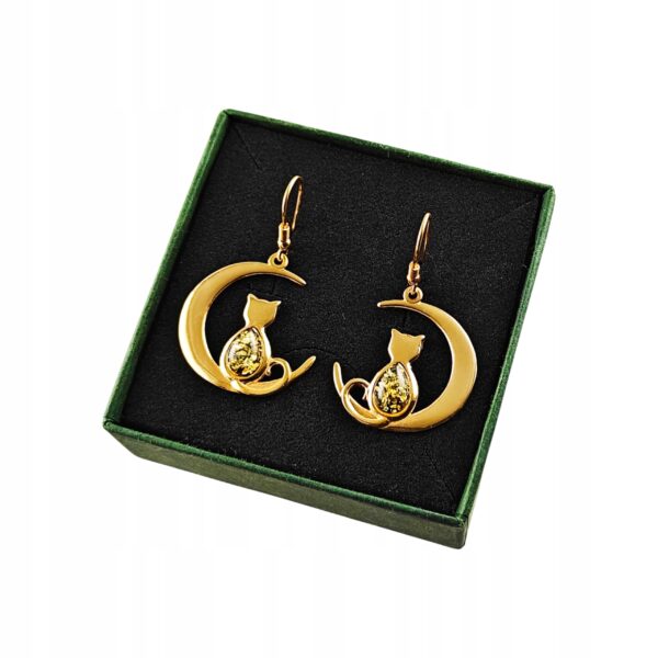 KOLCZYKI ZŁOTE KOT na KSIĘŻYCU z Bursztynem PIĘKNE Srebro Pozłacane Cert