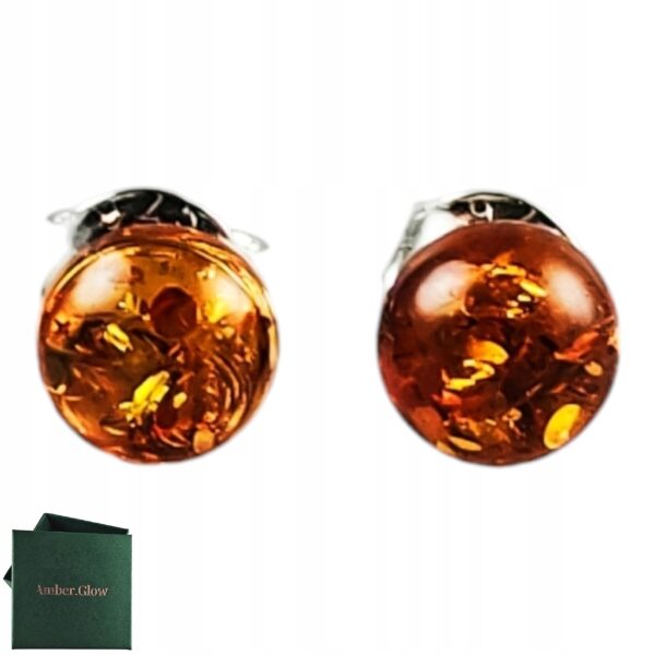 Kolczyki srebrne bursztynowe okrągłe - koniakowy bursztyn