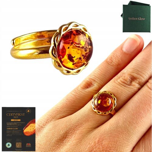 PIERŚCIONEK ZŁOTY MODNY z Bursztynem SREBRO 925 Pozłacane Regulowany PIĘKNY