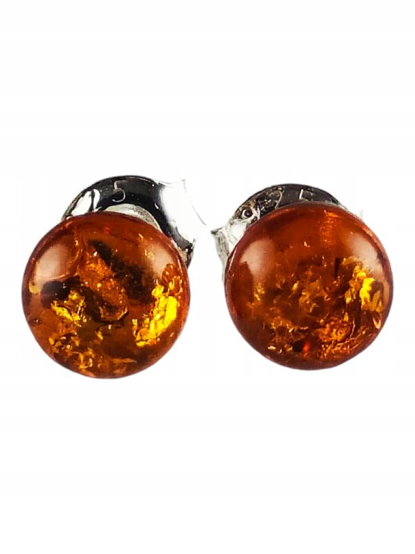 Kolczyki srebrne bursztynowe okrągłe - koniakowy bursztyn