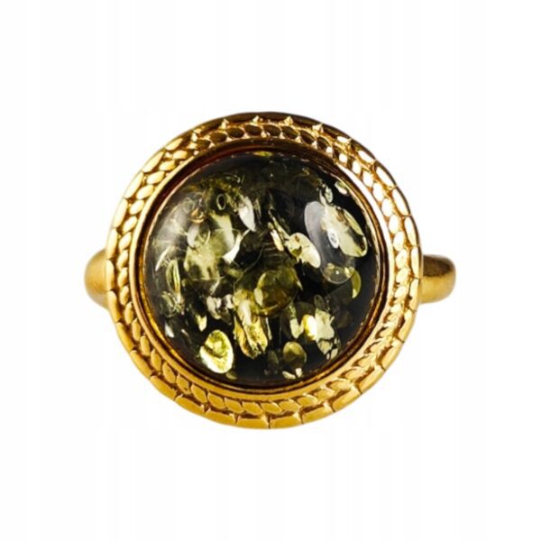 Pierścionek srebrny pozłacany z bursztynem - okrągły