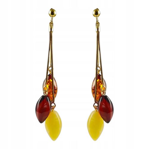 Kolczyki złote z bursztynem - piękne wiszące kolczyki na sztyft - srebro pozłacane