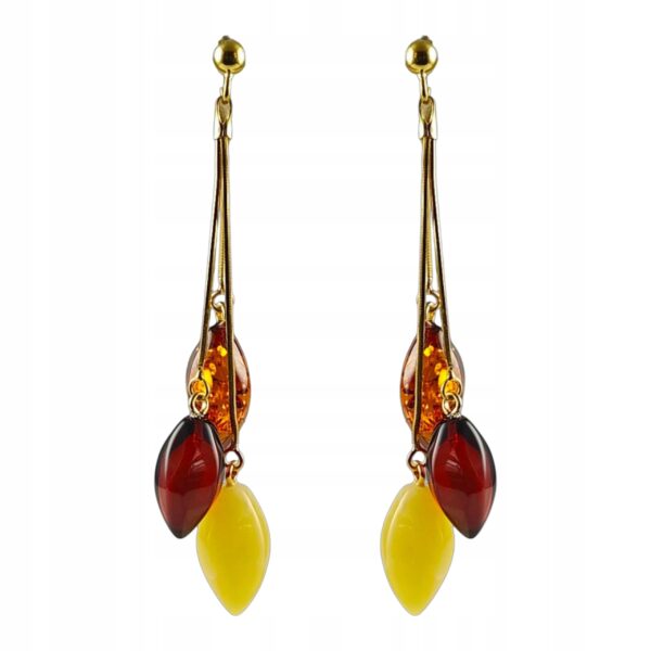Kolczyki złote z bursztynem - piękne wiszące kolczyki na sztyft - srebro pozłacane
