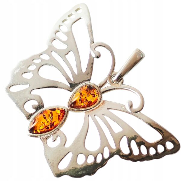 c07f9d070257c168881b4b2b989f7de0.jpg WISIOREK SREBRNY z CERTYFIKOWANYM BURSZTYNEM PIĘKNY DUŻY MOTYL SREBRO 925