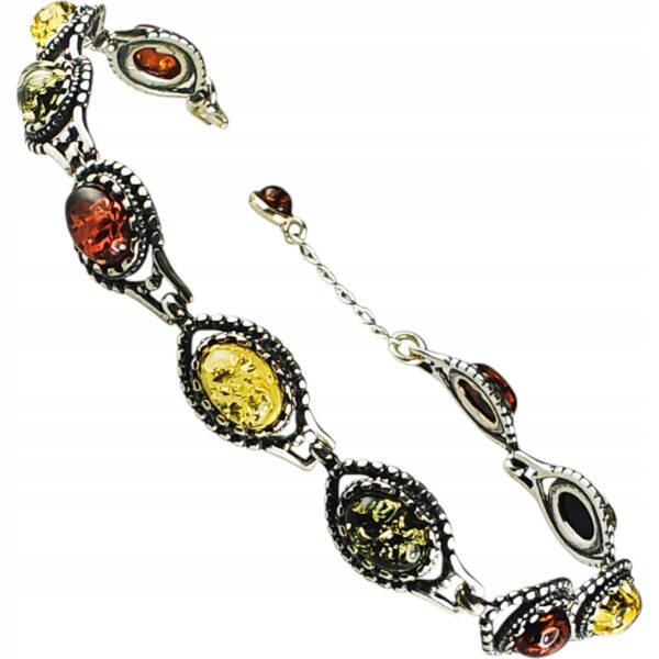 Bransoletka srebrna oksydowana z bursztynem - kolorowa - delikatna piękna