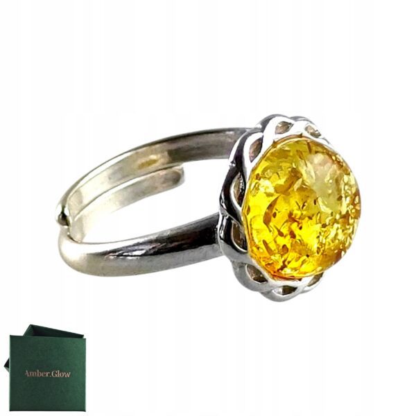 Pierścionek srebrny regulowany z cytrynowym bursztynem - okrągły delikatny