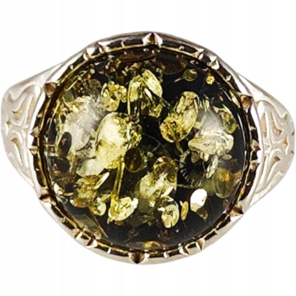 Pierścionek srebrny z bursztynem - okrągły z ażurowym zdobieniem