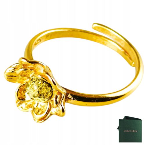 Pierścionek srebrny pozłacany z bursztynem - kwiatek