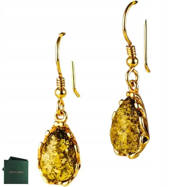 Kolczyki złote z bursztynem z koronkowym zdobieniem - srebro pozłacane