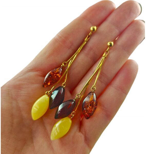 Kolczyki złote z bursztynem - piękne wiszące kolczyki na sztyft - srebro pozłacane