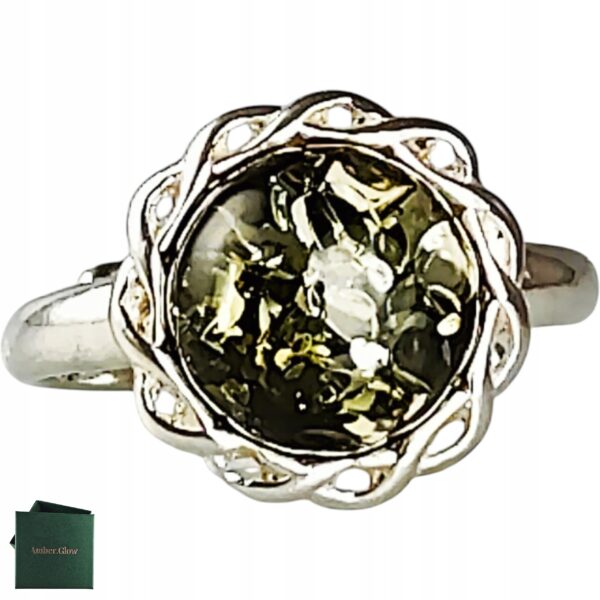 Pierścionek srebrny z bursztynem - okrągły delikatny