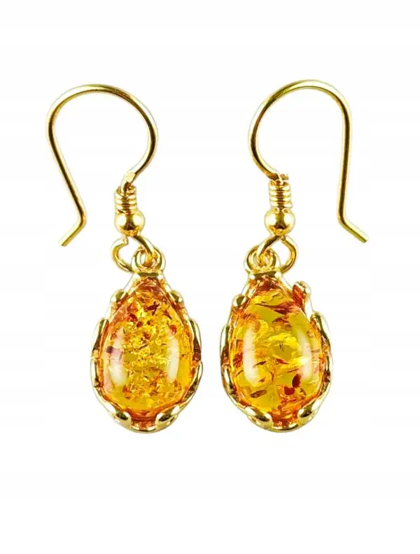 Kolczyki złote z bursztynem z koronkowym zdobieniem - srebro pozłacane