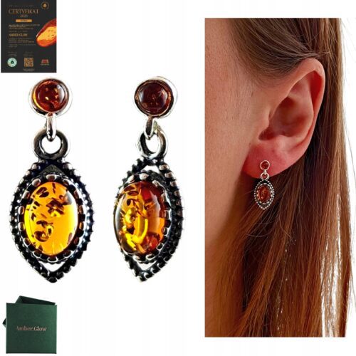 KOLCZYKI SREBRNE z CERTYFIKOWANYM Bursztynem OKSYDOWANE ŚLICZNE Srebro 925