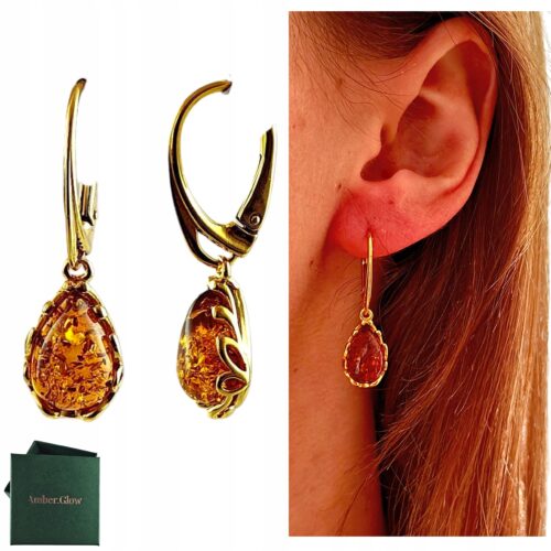 KOLCZYKI ZŁOTE z CERTYFIKOWANYM Bursztynem WISZĄCE PIĘKNE Srebro Pozłacane