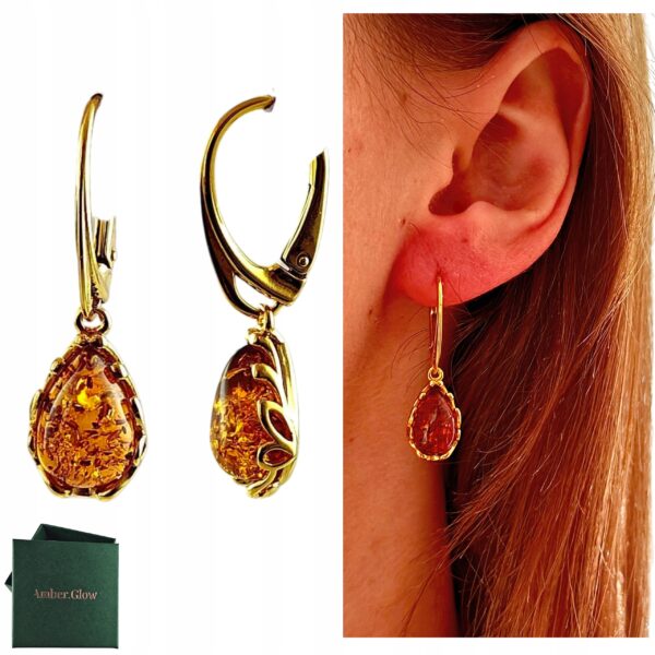 KOLCZYKI ZŁOTE z CERTYFIKOWANYM Bursztynem WISZĄCE PIĘKNE Srebro Pozłacane