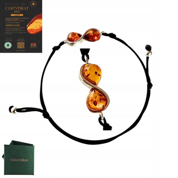 d73be0bb49094cd2d5d8aac9226a4beb.jpg BRANSOLETKA SREBRNA na Sznurku NIESKOŃCZONOŚĆ z CERTYFIKOWANYM Bursztynem
