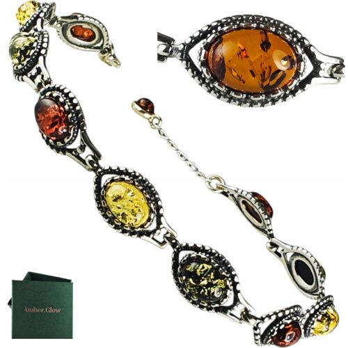 Bransoletka srebrna oksydowana z bursztynem - kolorowa - delikatna piękna