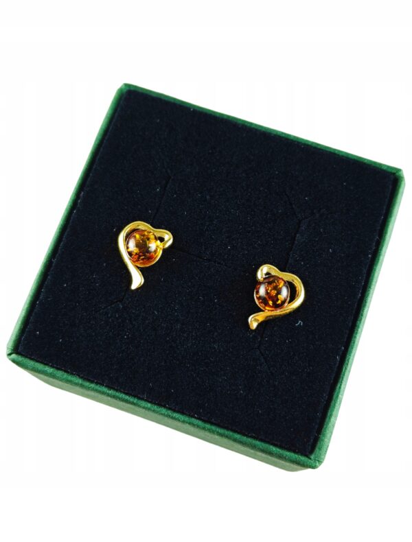 Kolczyki srebrne pozłacane serduszka z bursztynem