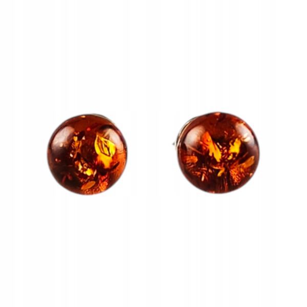 Kolczyki srebrne bursztynowe okrągłe - koniakowy bursztyn