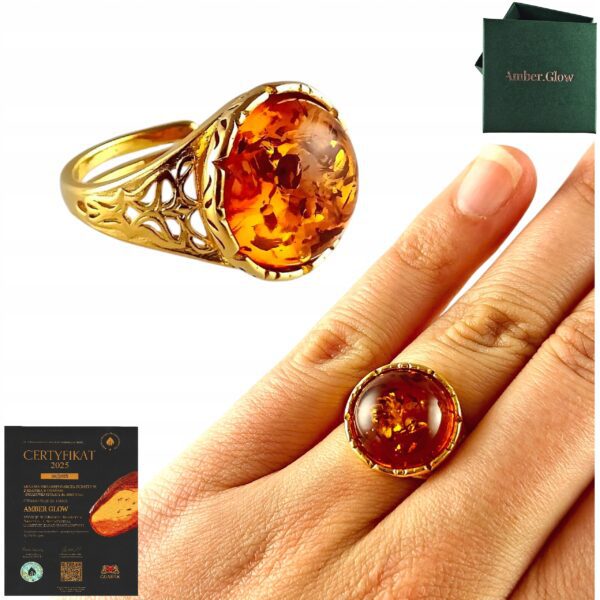 e4192f02194879445d03d22b4b9f9f66.jpg PIERŚCIONEK ZŁOTY REGULOWANY z CERTYFIKOWANYM BURSZTYNEM Srebro Pozłacane