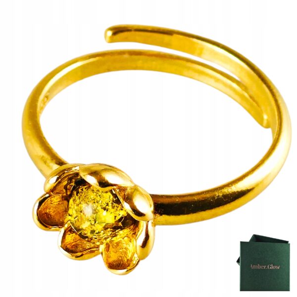 Pierścionek srebrny pozłacany z bursztynem - kwiatek