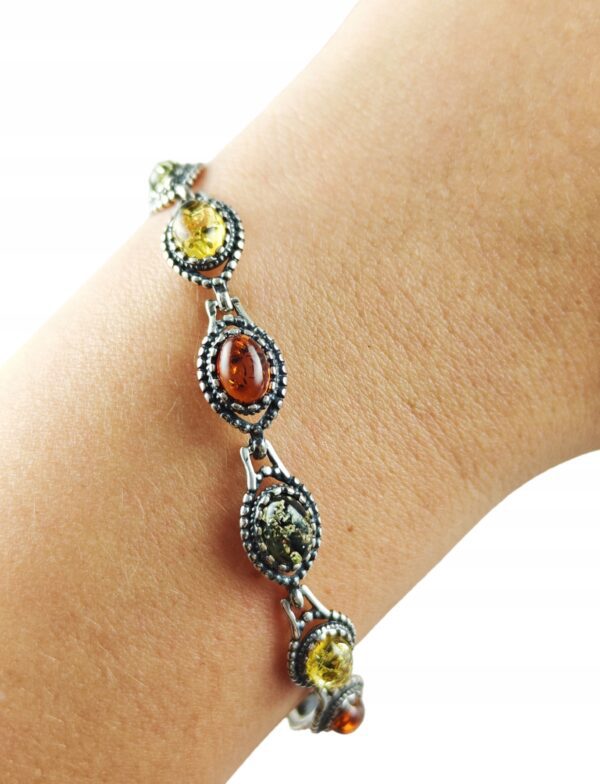 Bransoletka srebrna oksydowana z bursztynem - kolorowa - delikatna piękna