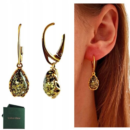 KOLCZYKI ZŁOTE z CERTYFIKOWANYM Bursztynem WISZĄCE PIĘKNE Srebro Pozłacane