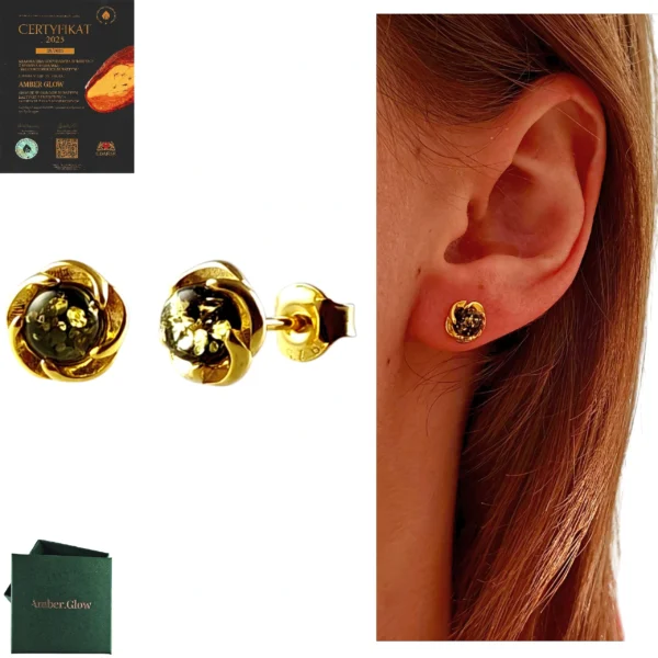 Kolczyki srebrne pozłacane z bursztynem