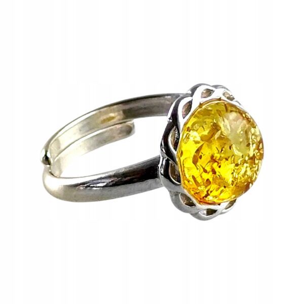 Pierścionek srebrny regulowany z cytrynowym bursztynem - okrągły delikatny