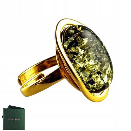 Pierścionek złoty regulowany z zielonym bursztynem - owalny klasyczny - srebro pozłacane