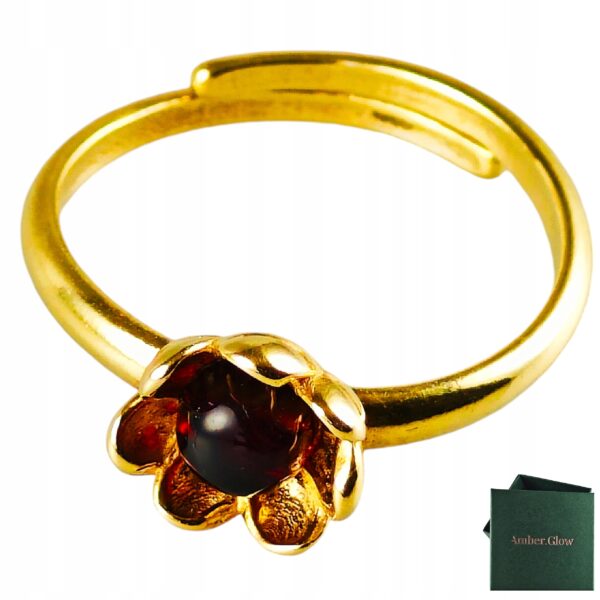 Pierścionek srebrny pozłacany z bursztynem - kwiatek