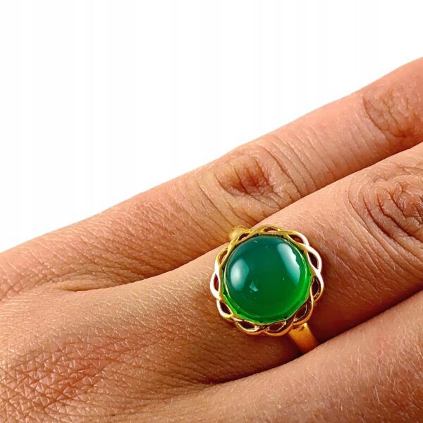 Pierścionek złoty z dużym zielonym agatem - Srebro pozłacane 925 - Piękny delikatny