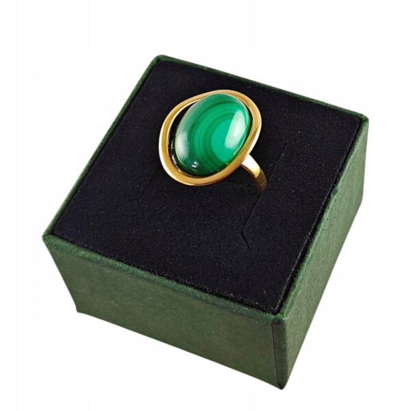 Pierścionek złoty regulowany z dużym malachitem - Srebro pozłacane 925 - Piękny elegancki