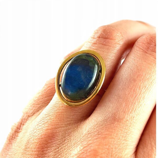 Pierścionek złoty regulowany z dużym labradorytem - Srebro pozłacane 925 - Piękny elegancki