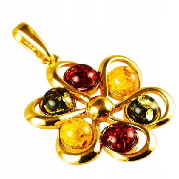 Pozłacany duży Wisiorek z Bursztynem Bałtyckim Srebro Pozłacane okrągły 925