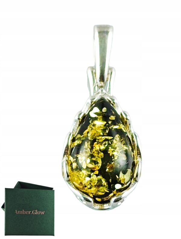 Wisiorek srebrny z zielonym bursztynem - koronkowy