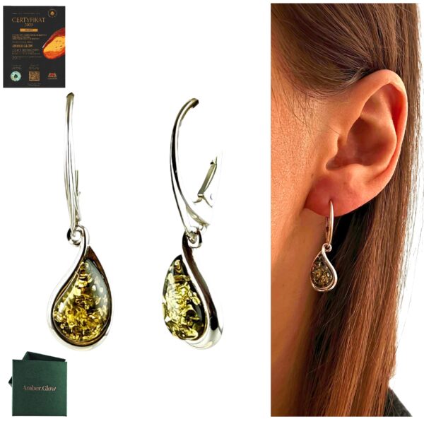 KOLCZYKI SREBRNE z CERTYFIKOWANYM Bursztynem Zapięcie Angielskie PIĘKNE
