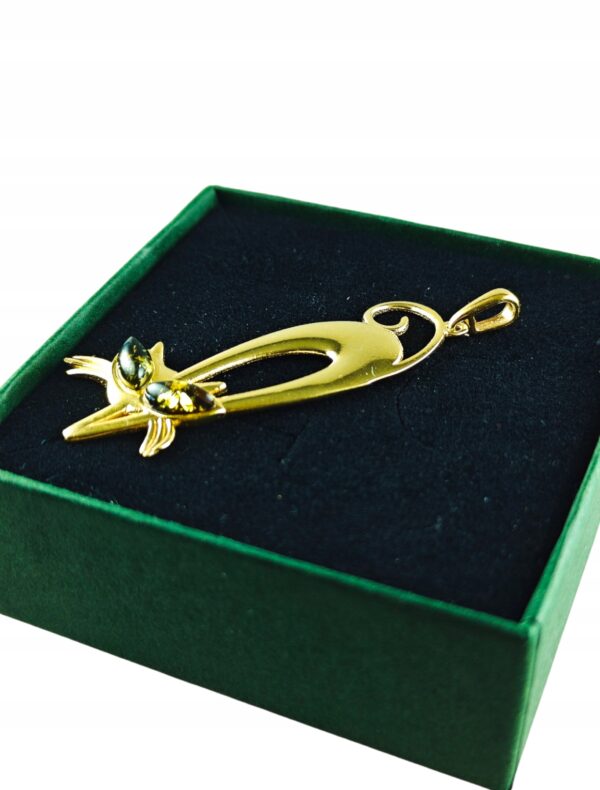 Wisiorek SREBRNY POZŁACANY KOT KOTEK delikatny z bursztynem bałtyckim AG925