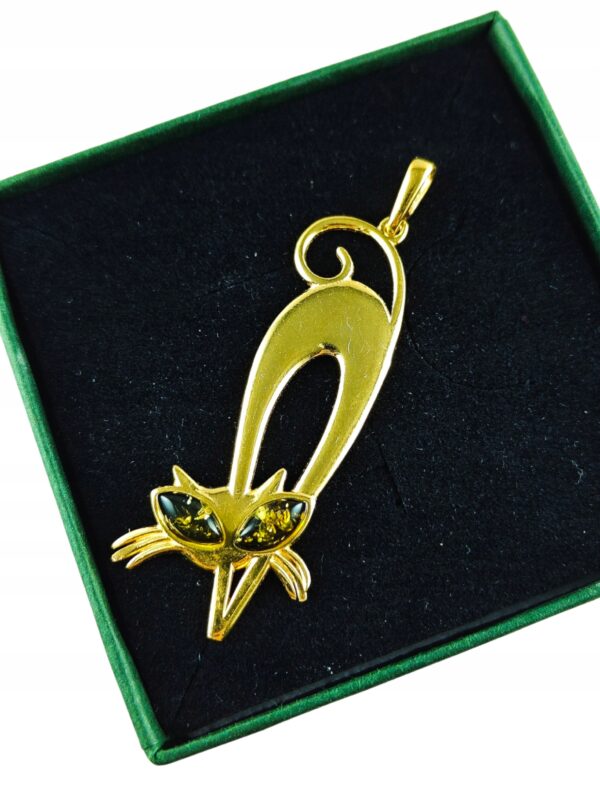 Wisiorek SREBRNY POZŁACANY KOT KOTEK delikatny z bursztynem bałtyckim AG925