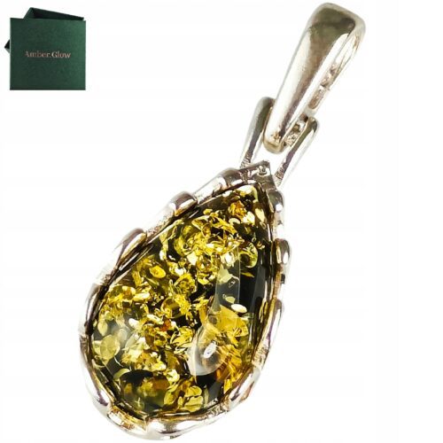 Wisiorek srebrny z zielonym bursztynem - koronkowy