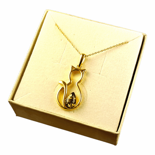 Wisiorek KOT POZŁACANY srebro delikatny z bursztynem bałtyckim 925