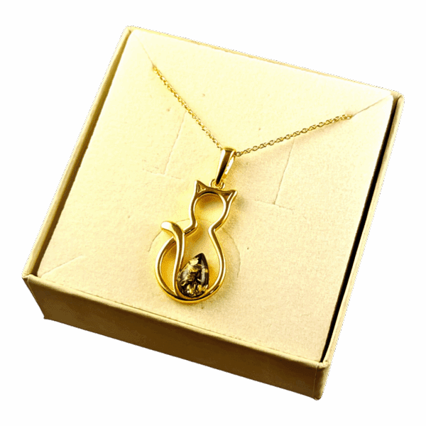 Wisiorek KOT POZŁACANY srebro delikatny z bursztynem bałtyckim 925