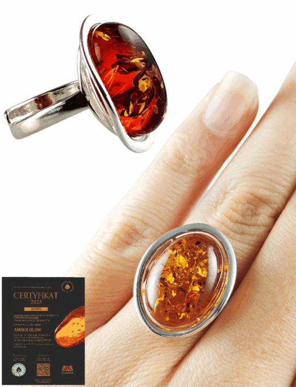 Pierścionek srebrny z bursztynem - owalny klasyczny