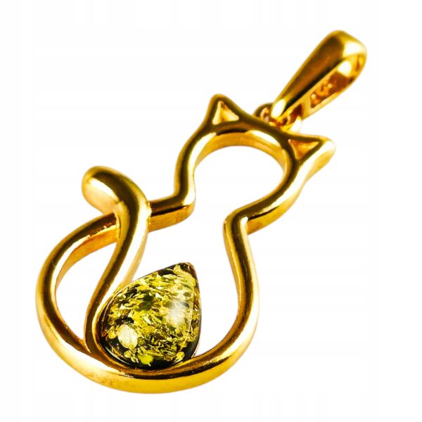 Wisiorek KOT POZŁACANY srebro delikatny z bursztynem bałtyckim 925