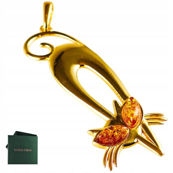 Wisiorek SREBRNY POZŁACANY KOT KOTEK delikatny z bursztynem bałtyckim AG925