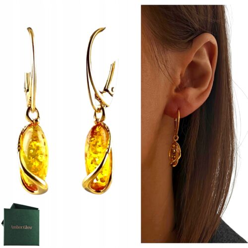 KOLCZYKI ZŁOTE z CERTYFIKOWANYM Bursztynem WISZĄCE PIĘKNE SREBRO POZŁACANE