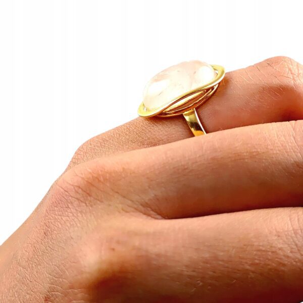 Pierścionek złoty z dużym różowym kwarcem - Srebro pozłacane 925 - Piękny elegancki