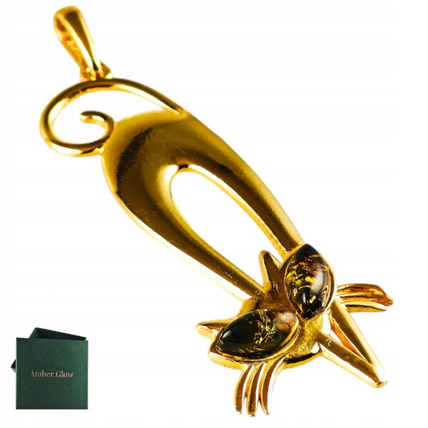 Wisiorek SREBRNY POZŁACANY KOT KOTEK delikatny z bursztynem bałtyckim AG925